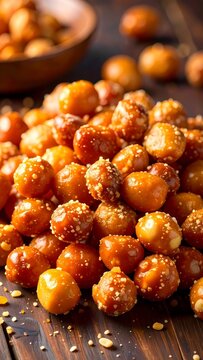 Delicious Candied Pretzel Bites with Crunchy Toppings on Rustic Wood Surface