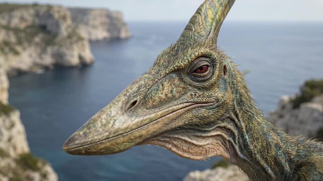 Pteranodon, Pteranodon ingens, Cretaceous, accurate scientific representation of toothless flying pterosaur perched on a coastal cliff