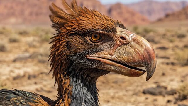 Titanis, Titanis walleri, Neogene, accurate scientific representation of terror bird opening its massive hooked beak in a rocky desert