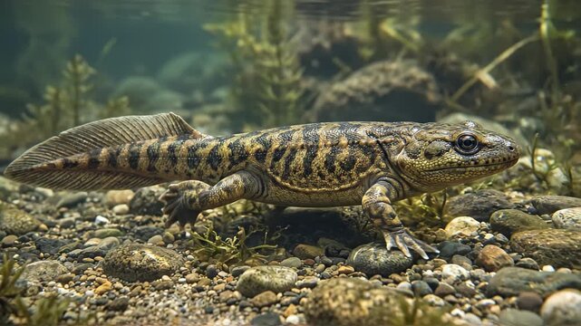 Ventastega, Ventastega curonica, Devonian, accurate scientific representation of primitive tetrapod walking on fresh water riverbed