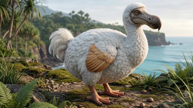 White dodo, Raphus solitarius, Holocene, accurate scientific representation of extinct flightless bird from Reunion island near the sea