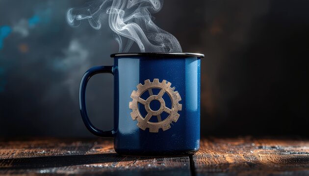 Steaming coffee mug with a decorative gear, evoking industrial and engineering themes