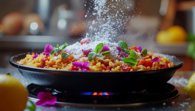 Colorful Couscous Dish Garnished with Edible Flowers and Herbs.
