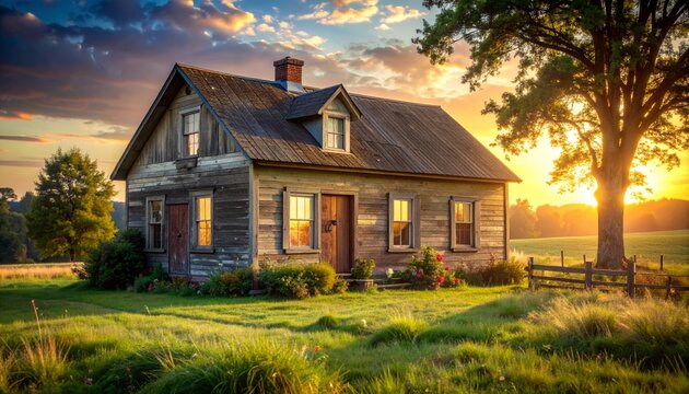 Rustic Charm - An Old Farmhouse Bathed in Golden Sunset Light.