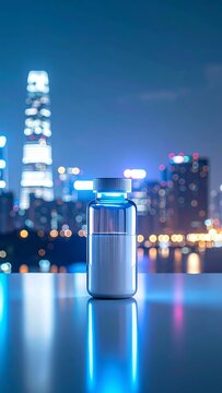 Futuristic medicine concept: Neon pill bottle reflecting vibrant city lights at night