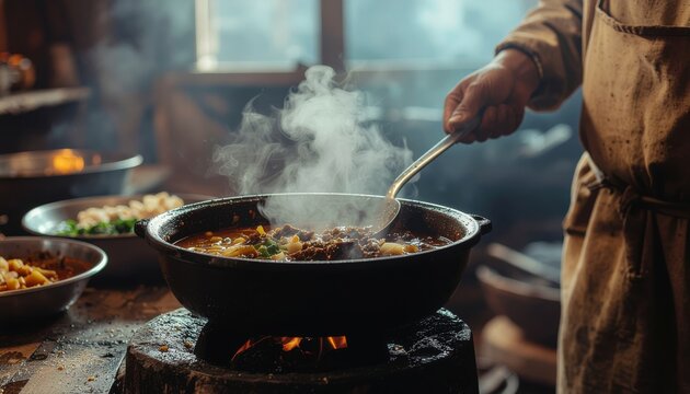 Chef Cooking Delicious Meal in Rustic Kitchen with Steam.