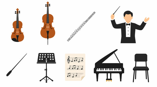 Collection of musical instruments and conductor illustration.