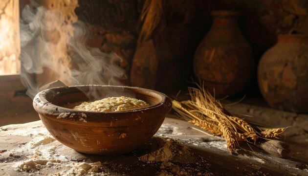 Rustic Still Life - Dough in Bowl with Wheat Stalks.