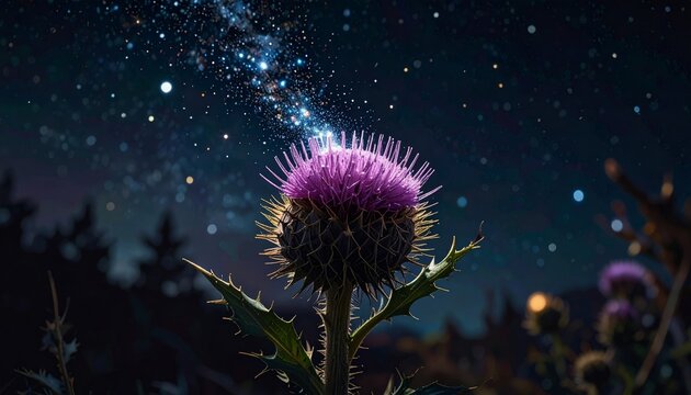 Enchanting Thistle Flower Under a Starry Night Sky.