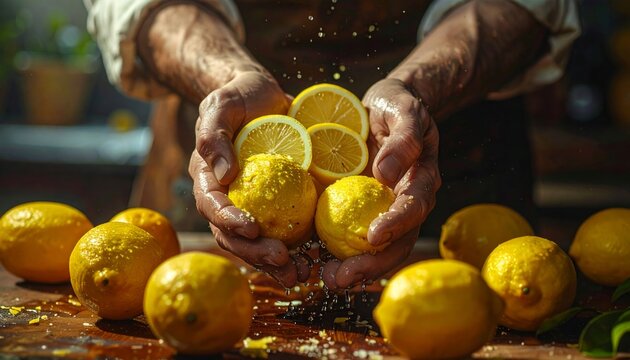Fresh Lemons Being Held by Hands in Kitchen.
