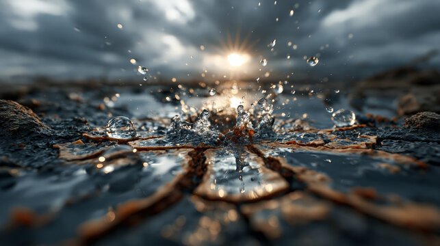 A dramatic liquid splash crown freezes above parched vineyard earth as the first heavy rain falls