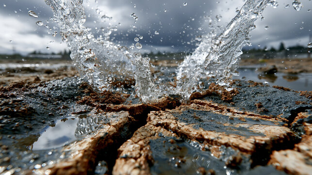 Extreme close up of rainfall impacting parched wine region soil, forming a dramatic liquid crown