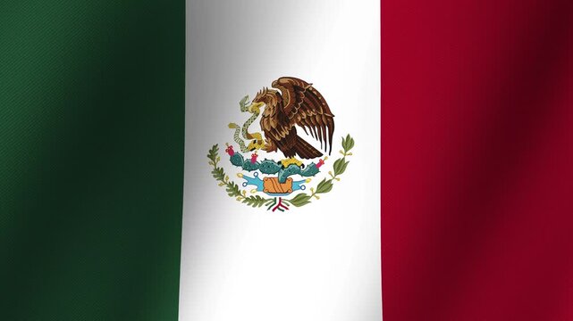 Mexican Flag Waving: A close-up of the national flag of Mexico, with its iconic emblem of an eagle on a cactus, billowing in the wind, showcasing vibrant colors and national pride.