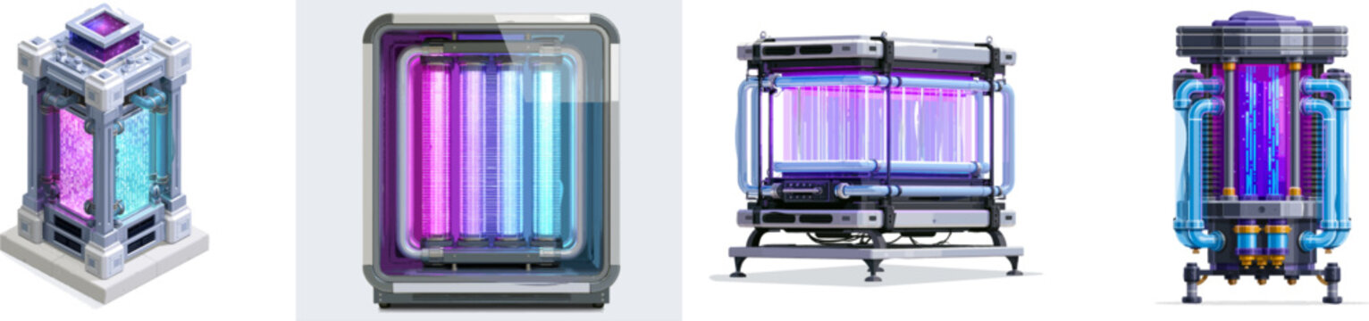 A futuristic quantum computing server core rack with glowing vertical data lines and cooling tubes, presented in a minimalist design with cosmic purple, ice blue, and sleek metallic gray hues