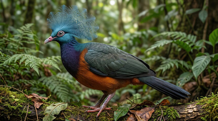 Naklejka premium Choiseul crested pigeon, Microgoura meeki, extinct bird, scientifically accurate representation, large blue crest, tropical forest floor