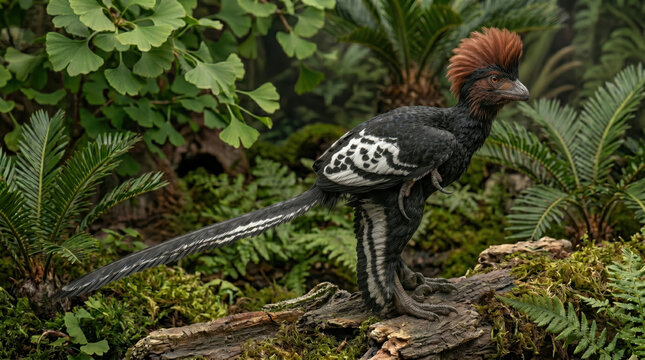 Anchiornis huxleyi, Late Jurassic, scientifically accurate representation, small feathered paravian dinosaur with prominent orange crest, log