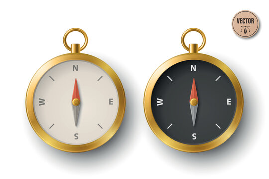 3d Compass Set Vector Illustration. Black and White Magnetic Compass Icons Isolated. Navigation Instrument Collection. Direction and Travel Symbol Design