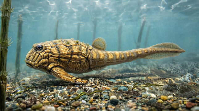 Bothriolepis, Devonian, scientifically accurate representation, placoderm armored fish with long pectoral fins on riverbed with horsetails