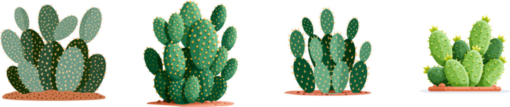 A desert prickly pear cactus with flat oval pads and geometric thorns in a minimalist design, rendered in warm desert greens, soft yellow thorns, and terracotta brown soil, isolated on white