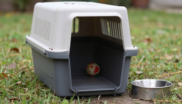 Plastic pet carrier with ventilation slats placed on grass next to a stainless steel bowl and a patterned ball, set up as a temporary outdoor shelter for a small dog or cat.