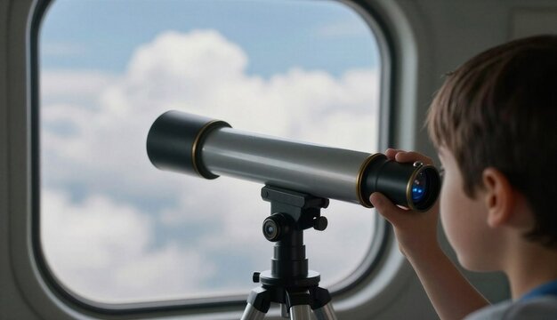 Young boy looking through a telescope mounted on a tripod by an airplane window, observing fluffy white clouds and blue sky during a flight.