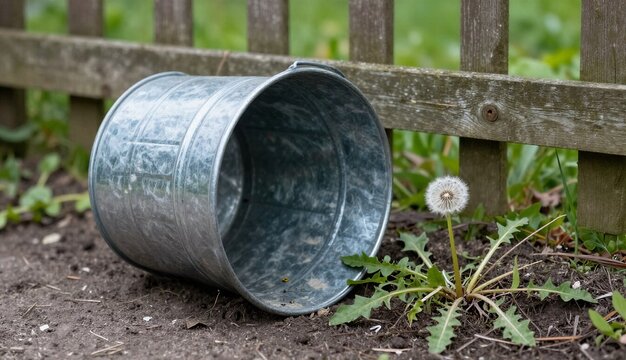 Overturned galvanized metal bucket beside a dandelion with a fluffy seed head in a garden, set against a weathered wooden fence and dark soil, evoking rustic outdoor and yard work themes.