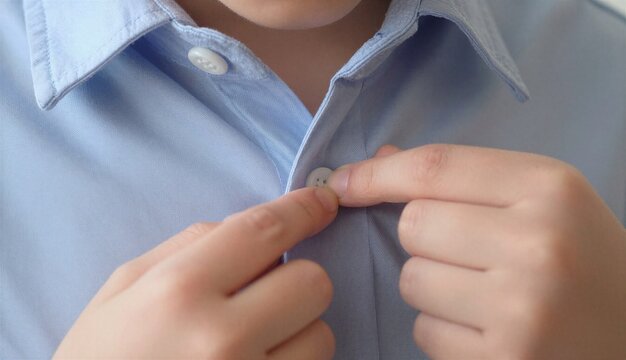 Close-up of hands preparing the exact spot on the collar of a light blue shirt in order to sew a white button there