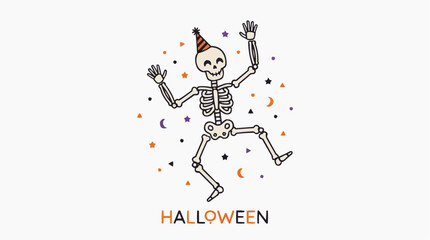 Obraz premium A cartoon skeleton wearing a party hat and dancing amidst stars and moons