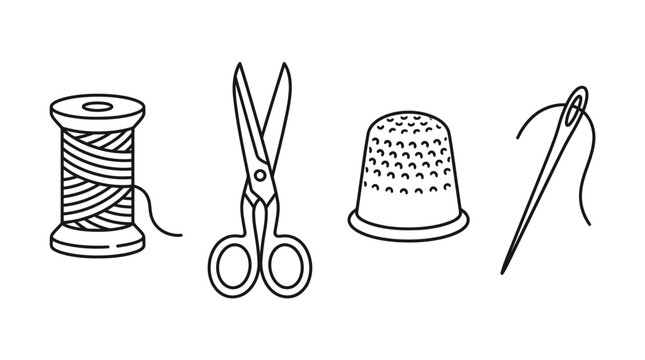 Essential sewing tools with thread spool scissors thimble and needle