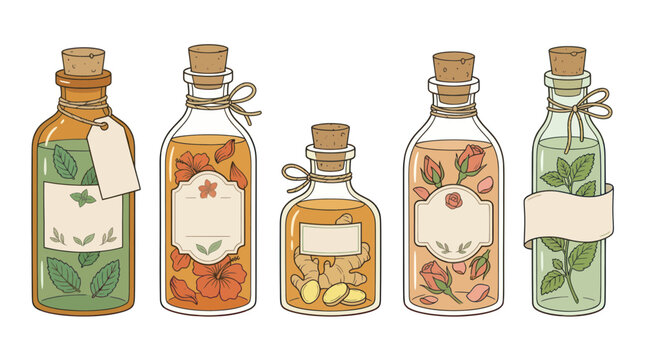 Glass elixir bottles with herbal infusions and botanical labels