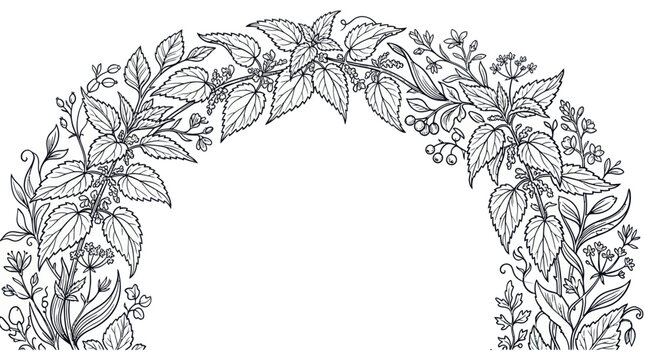 Botanical stinging nettle and herb arch frame line art