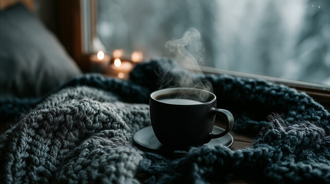 Hygge Home Lifestyle Scene with Steaming Coffee Cup and Soft Winter Window Light