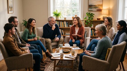Obraz premium Diverse group of people in a support group session sharing and listening in a comfortable living room setting