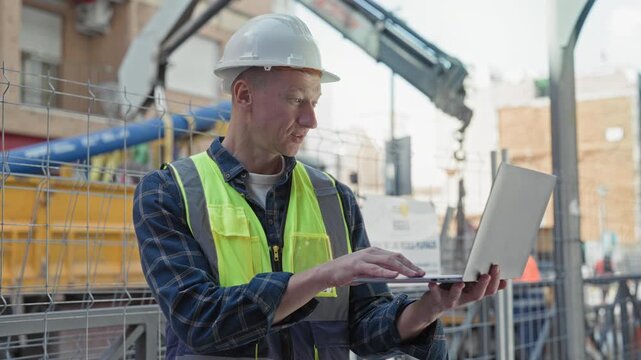 Man builder wearing hardhat and vest, holding a laptop, typing and gesturing with hands at a building construction site beside fence and crane; efficiency concentration.