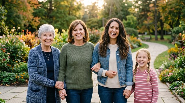 Multi generational family of four women smiling and holding hands in a beautiful autumn garden park