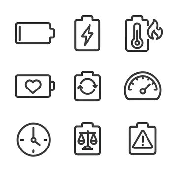 Balance health battery charging icons cycle runtime temperature gauge alert icon status