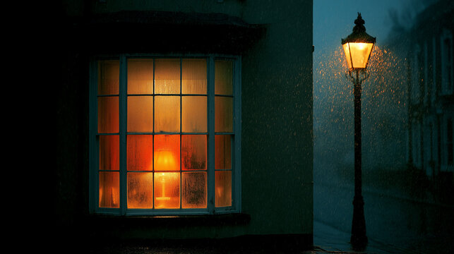 Warm Illuminated Window Beside Street Lamp on Dark Rainy Night with Cinematic Urban Mood