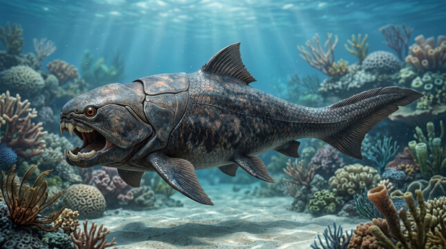 Dunkleosteus, Devonian, scientifically accurate representation, massive armored placoderm fish predator with sharp bone plates as jaws