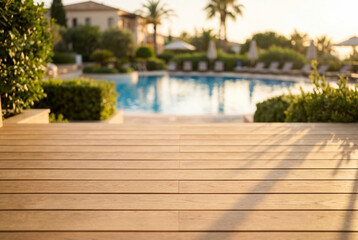 Fototapeta premium Wooden deck overlooking swimming pool at luxury resort during sunset
