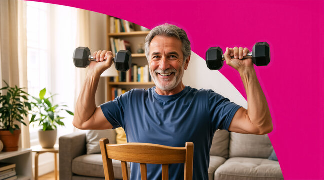 Happy senior man exercising with dumbbells at home. Active mature male lifting weights in living room. Healthy aging and fitness concept