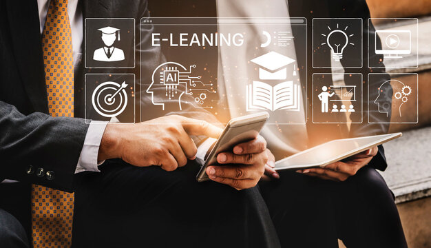 Business professionals engaging in e-learning with digital icons representing technology, education, and innovation in a modern workspace setting. Bitwise.