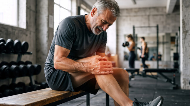 Senior man holding painful knee while sitting on gym bench. Elderly male suffering from sports injury or joint ache during workout. Fitness and healthcare concept