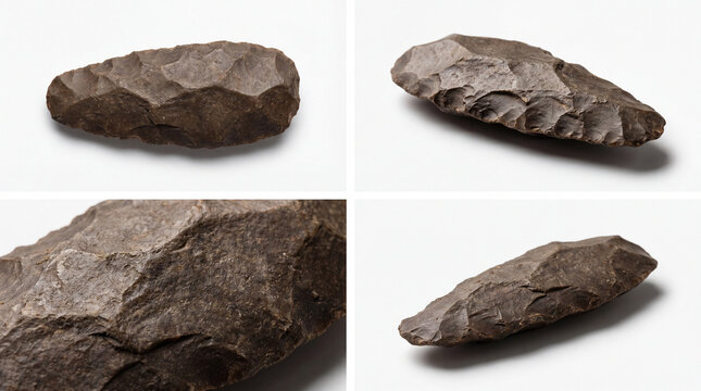 Ancient stone tool set featuring various views of a prehistoric flint hand axe, showcasing knapped edges and dark textured stone surface on white background