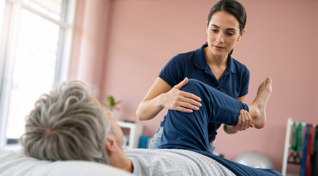 Female physical therapist assisting senior male patient with leg stretch. Physiotherapy rehabilitation session in bright clinic