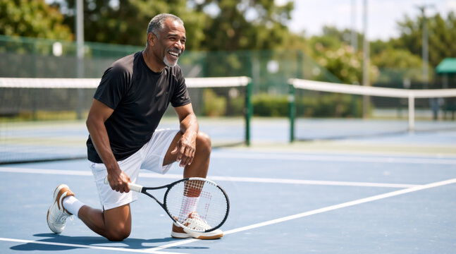 Smiling older Black man kneeling on a tennis court holding a racket. Active senior African American male resting during a tennis match outdoors. Healthy lifestyle and sports concept
