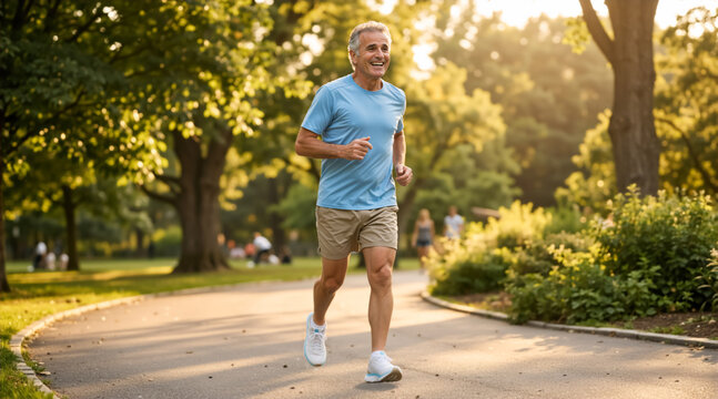 Smiling older Caucasian man running on a paved path in a park. Active senior male jogging outdoors in nature during a sunny day. Fitness and healthy lifestyle concept