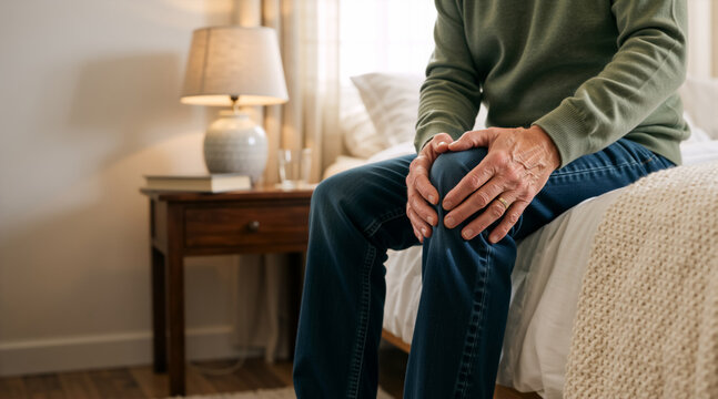 Senior man sitting on bed holding his painful knee. Older male suffering from joint ache or arthritis at home. Healthcare and aging concept