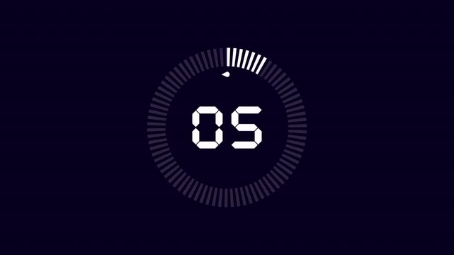 White digital countdown timer from 0 to 59 seconds with a circular progress bar animation on a dark background for video editing and motion graphics