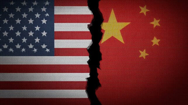US and China flags divided by a central crack