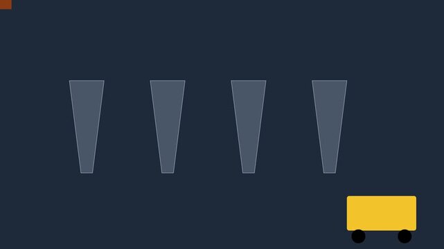 Minimalist 2 d animation of autonomous yellow robot moving past pillars, modern flat motion logistics